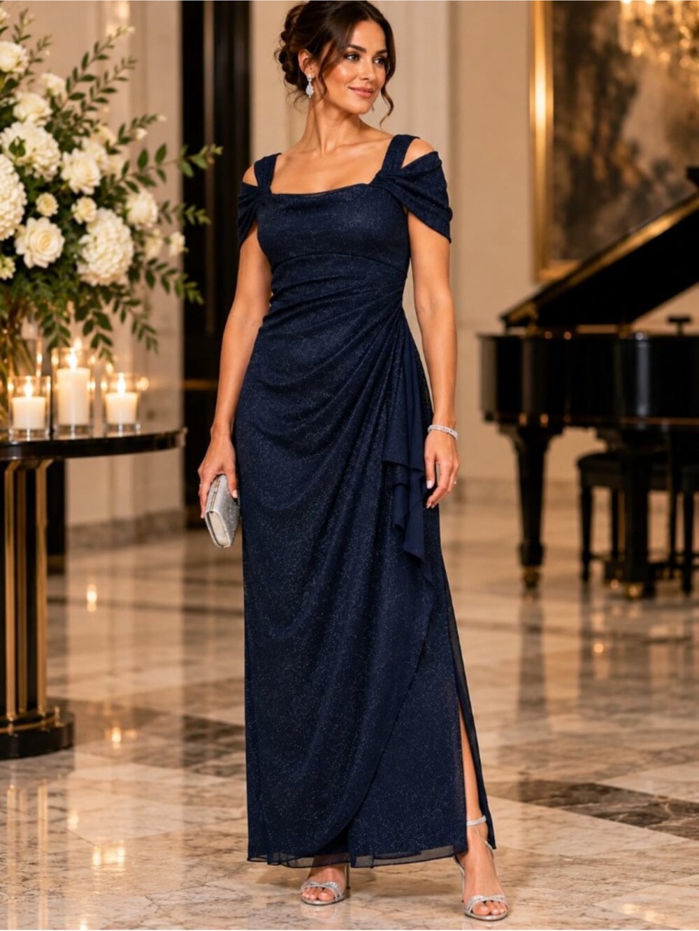 NWT! Alex Evenings Glitter Maxi Cold Shoulder Mother of the Bride Dress
